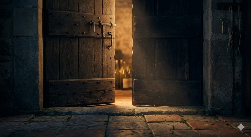 Portes de cave en bois s'ouvrant sur une lumière dorée