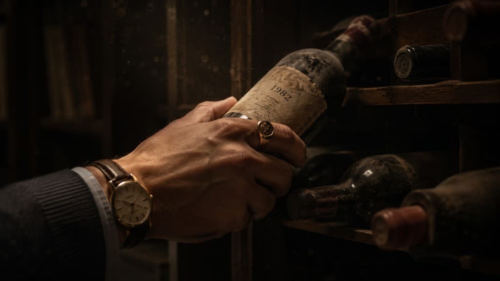 Main expertisant une bouteille millésimée en cave