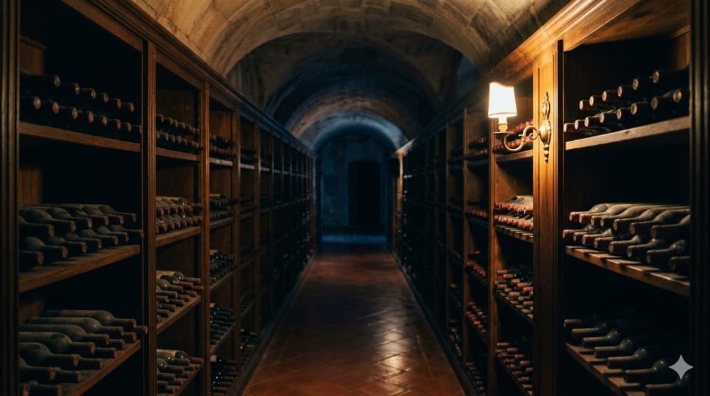 Couloir de cave voûtée bordé de bouteilles de vin