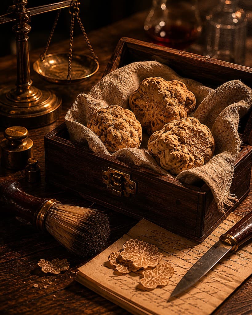 Truffes blanches et ustensiles de dégustation sur bois